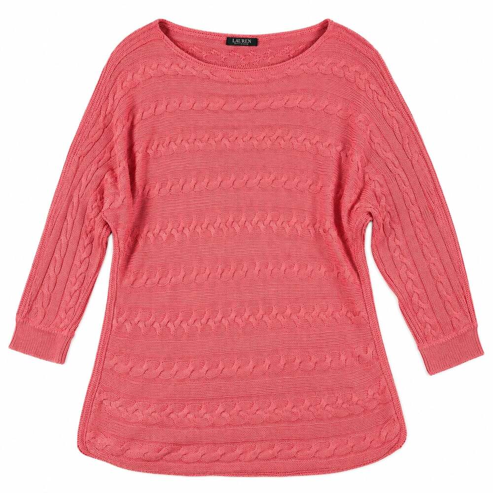 Lauren Ralph Lauren Women's Coral Pink Cable Knit Boatneck Sweater with 3/4 Slee